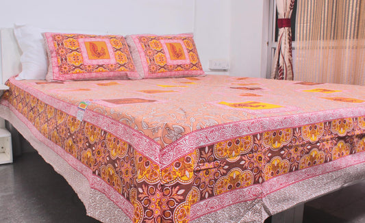 Orange Peacock Borderd Printed King Size Double Bedsheet 93 x 108 Inches with 2 Pillow Covers