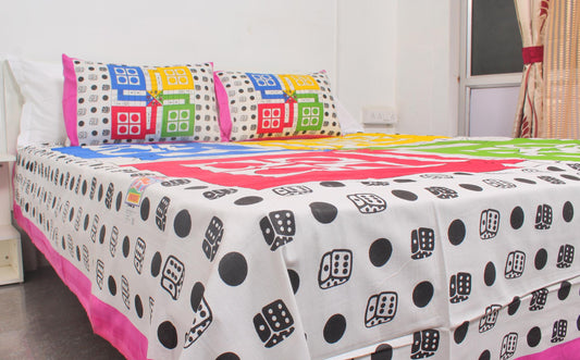 Ludo Print Cotton Printed Double Bedsheet 90 X 100 Inches with 2 Pillow Covers