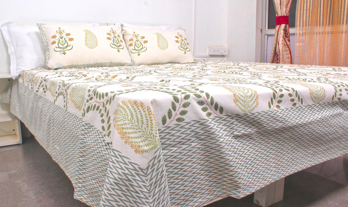 Peach Leaf Hand Printed King Size Bedsheet 108 x 108 Inches with 2 Pillow Covers