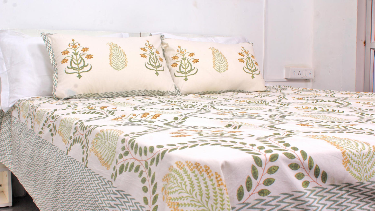 Peach Leaf Hand Printed King Size Bedsheet 108 x 108 Inches with 2 Pillow Covers