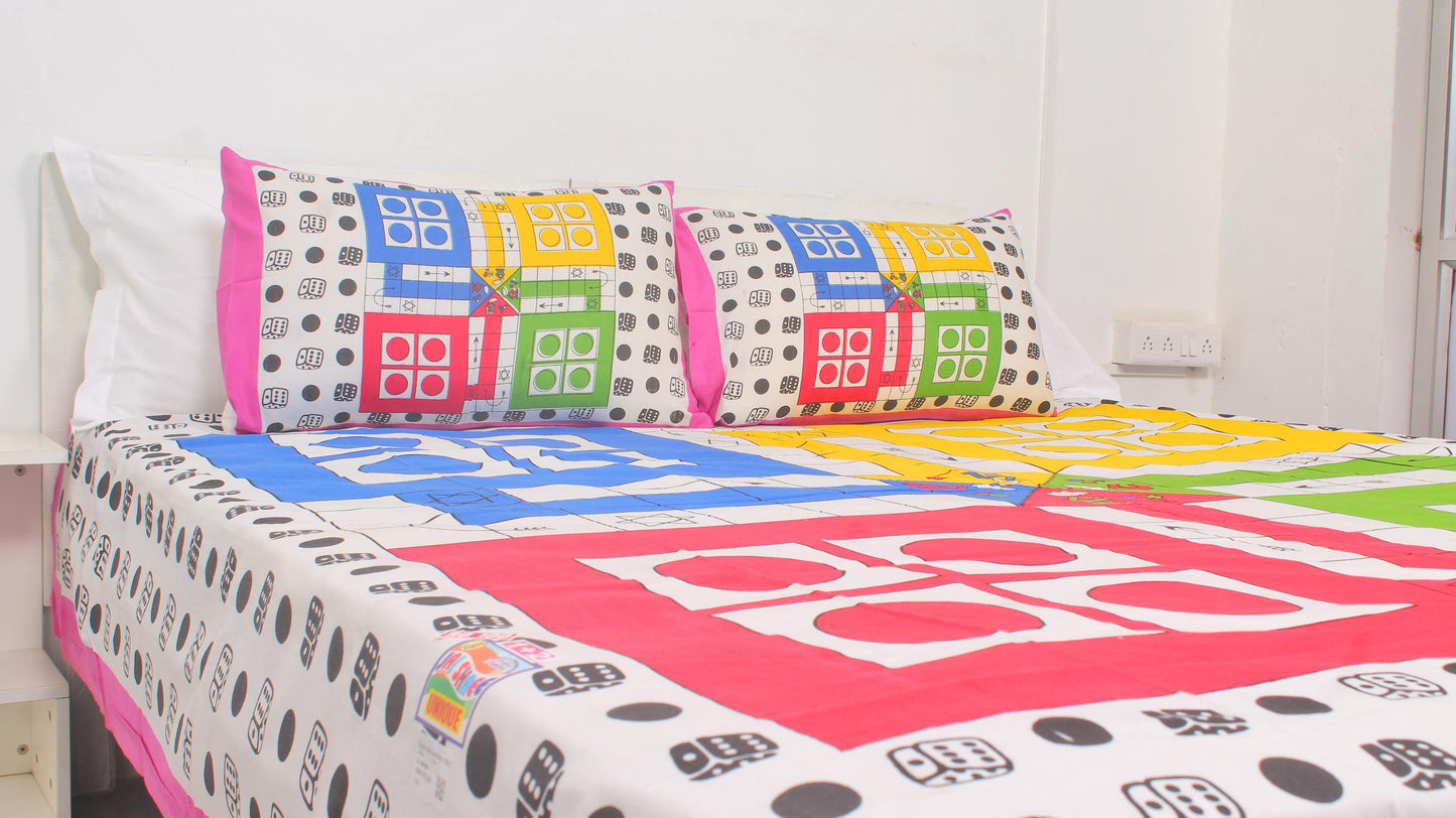 Ludo Print Cotton Printed Double Bedsheet 90 X 100 Inches with 2 Pillow Covers