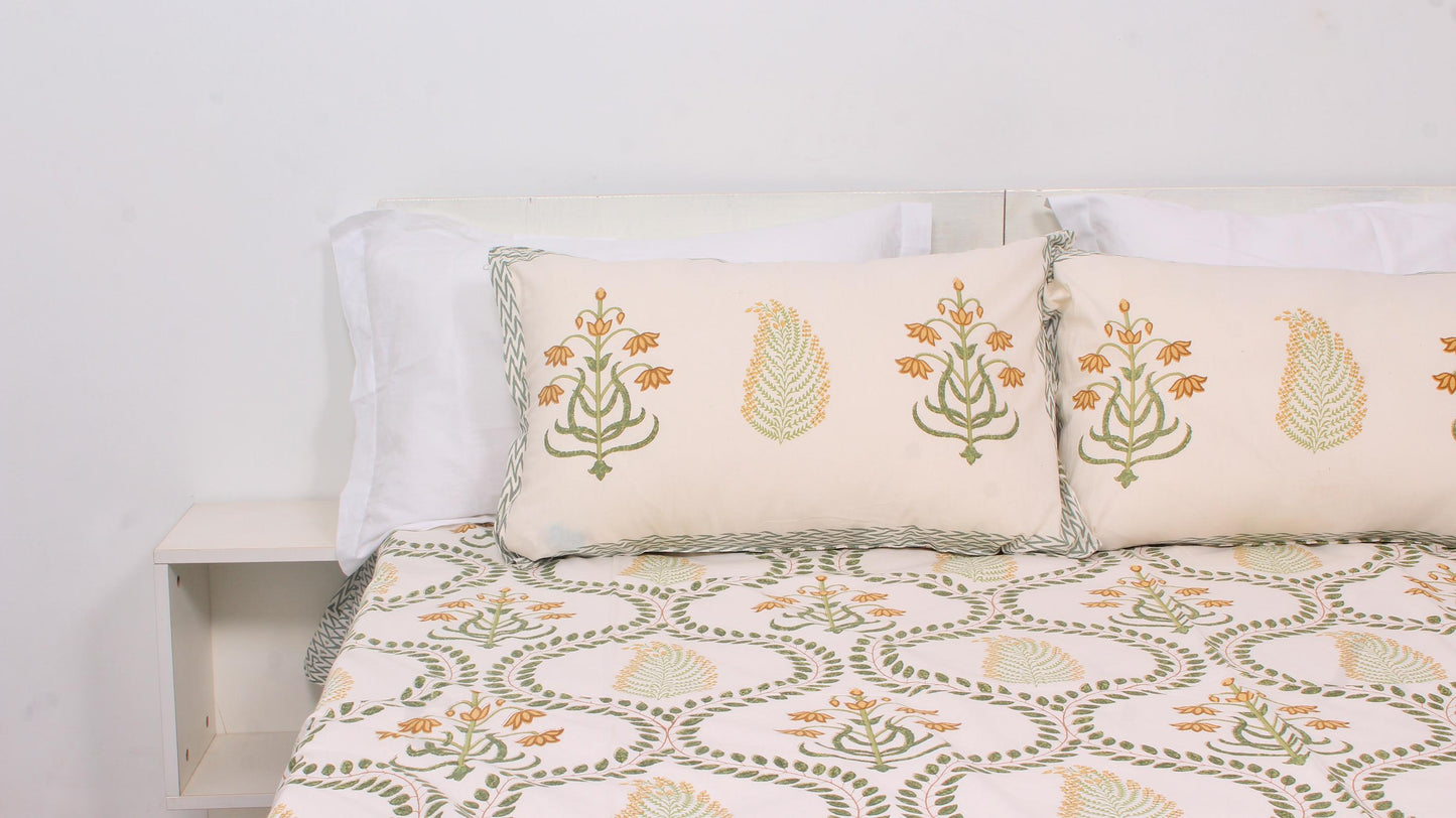 Peach Leaf Hand Printed King Size Bedsheet 108 x 108 Inches with 2 Pillow Covers