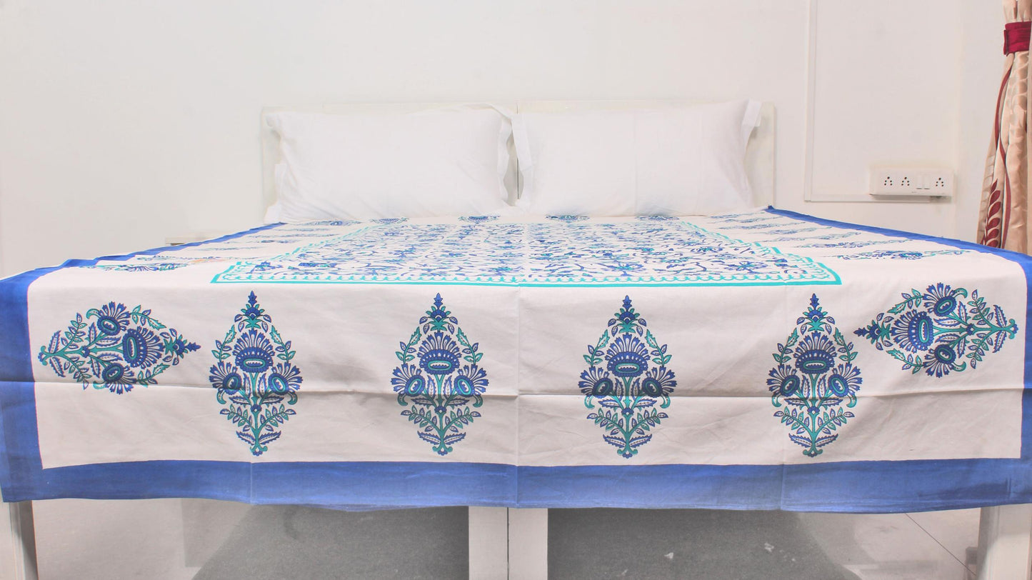 Floral Blue Print Bordered Single Bedsheet 63 X 90 Inches