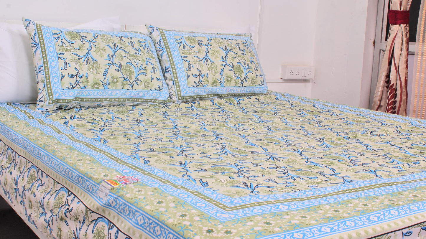 Blue Floral Borderd Printed King Size Double Bedsheet 93 x 108 Inches with 2 Pillow Covers