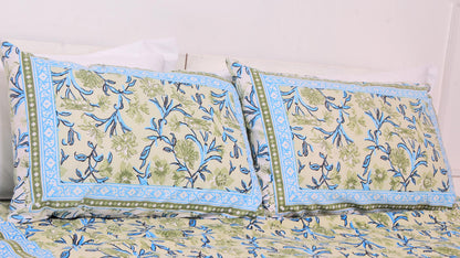 Blue Floral Borderd Printed King Size Double Bedsheet 93 x 108 Inches with 2 Pillow Covers