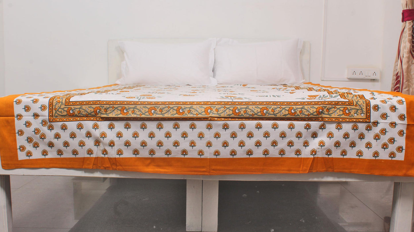 Floral Orange Bordered Print Single Bedsheet 63 X 90 Inches