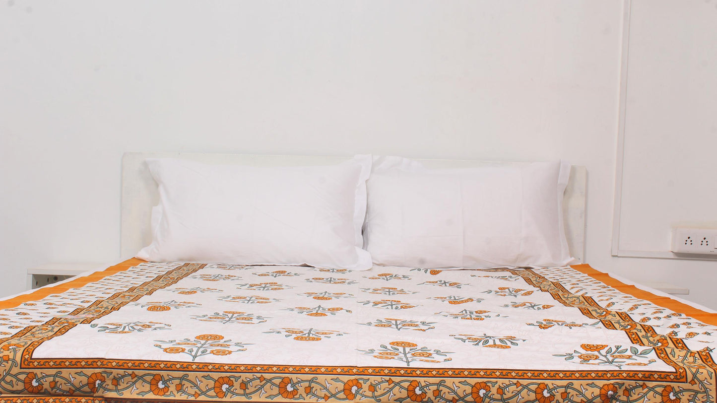 Floral Orange Bordered Print Single Bedsheet 63 X 90 Inches