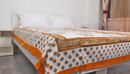 Floral Orange Bordered Print Single Bedsheet 63 X 90 Inches