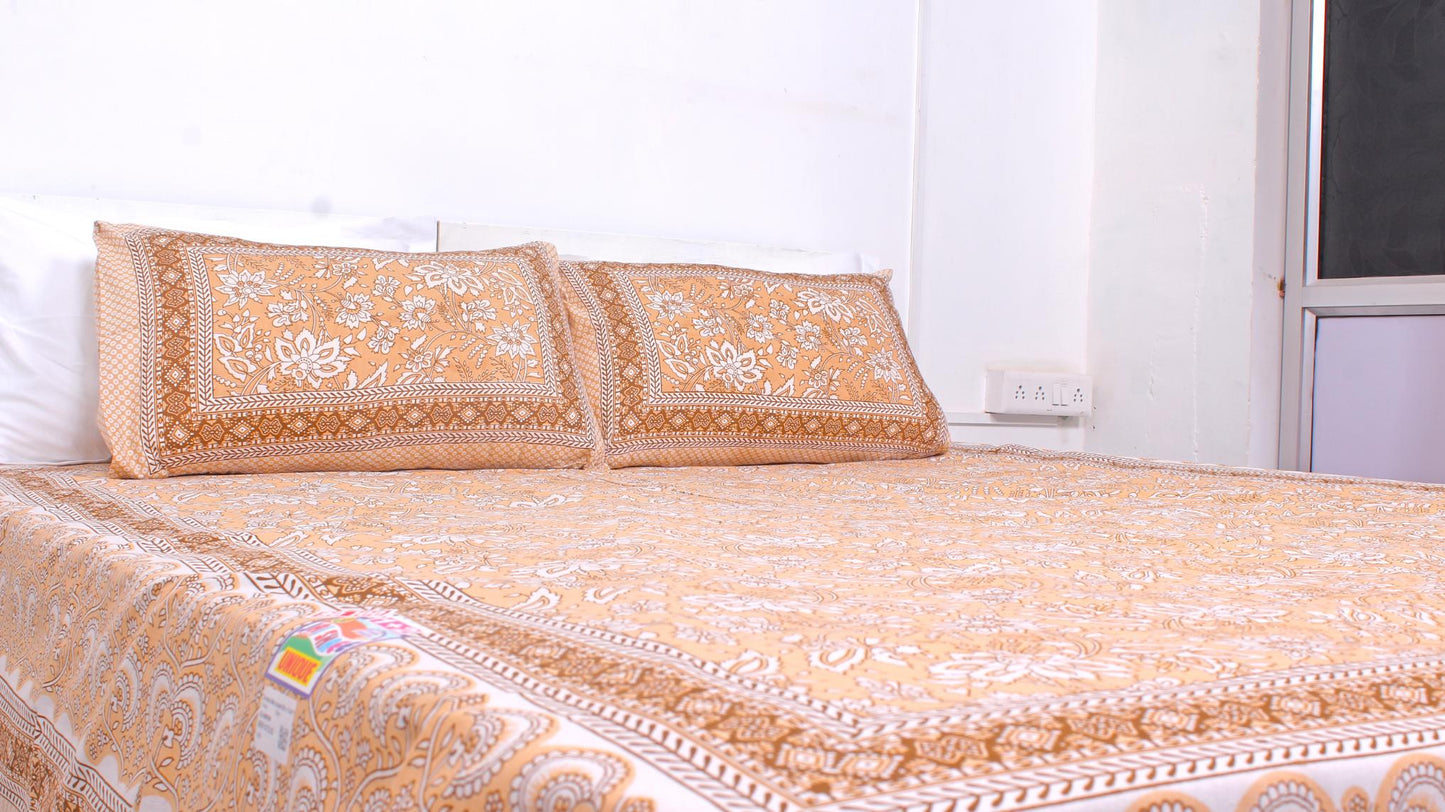 Orange & White Ethnic Floral Cotton Printed Double Bedsheet 90 X 100 Inches with 2 Pillow Covers