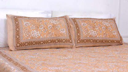 Orange & White Ethnic Floral Cotton Printed Double Bedsheet 90 X 100 Inches with 2 Pillow Covers