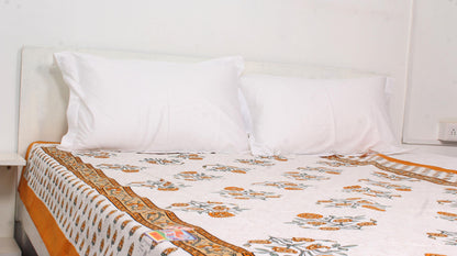 Floral Orange Bordered Print Single Bedsheet 63 X 90 Inches