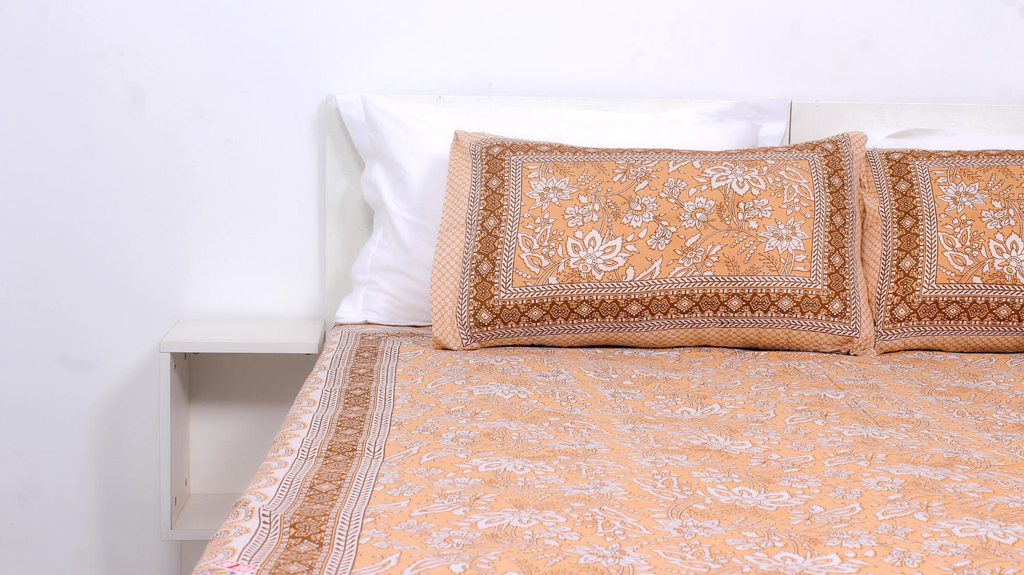 Orange & White Ethnic Floral Cotton Printed Double Bedsheet 90 X 100 Inches with 2 Pillow Covers