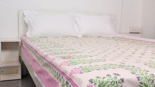 Floral Green Print Bordered Single Bedsheet 63 X 90 Inches